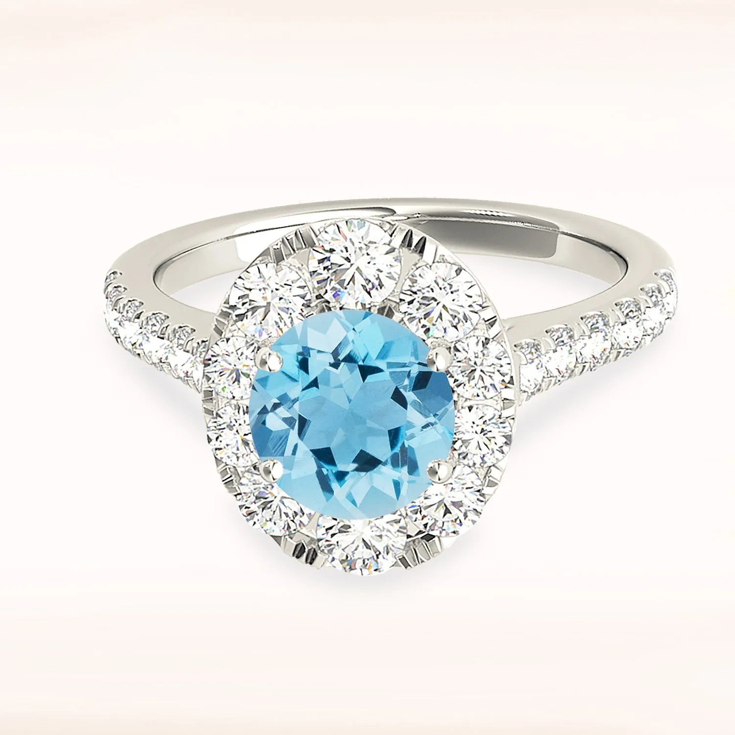 1.10 ct. Genuine Aquamarine Ring With Oval Halo And Delicate Diamond Band