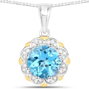 14K Gold Genuine Swiss Blue Topaz and Diamond Necklace