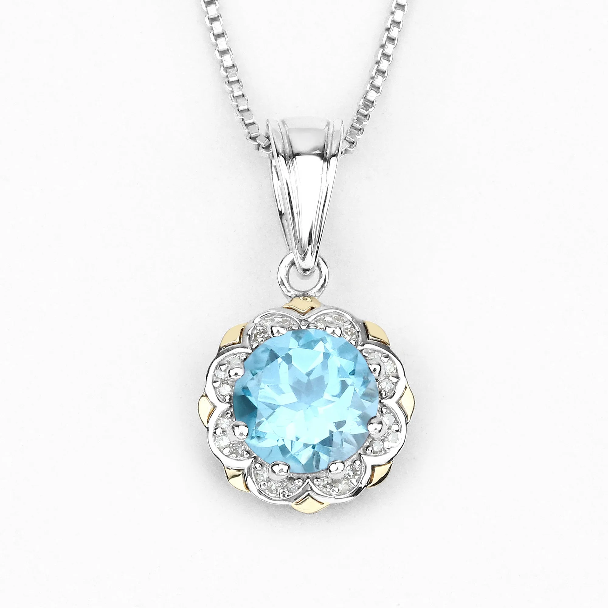 14K Gold Genuine Swiss Blue Topaz and Diamond Necklace