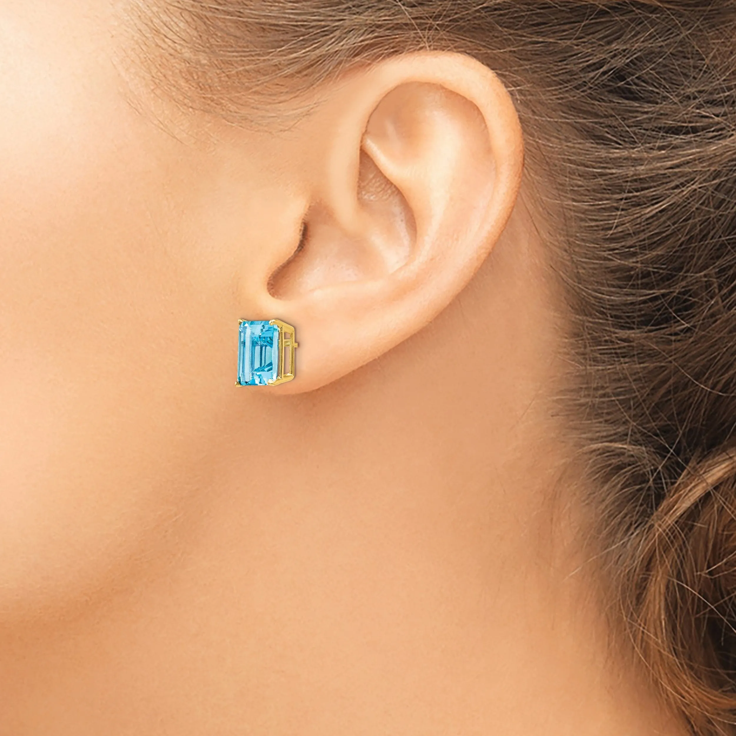 14k Yellow Gold Emerald Cut Blue Topaz Earring