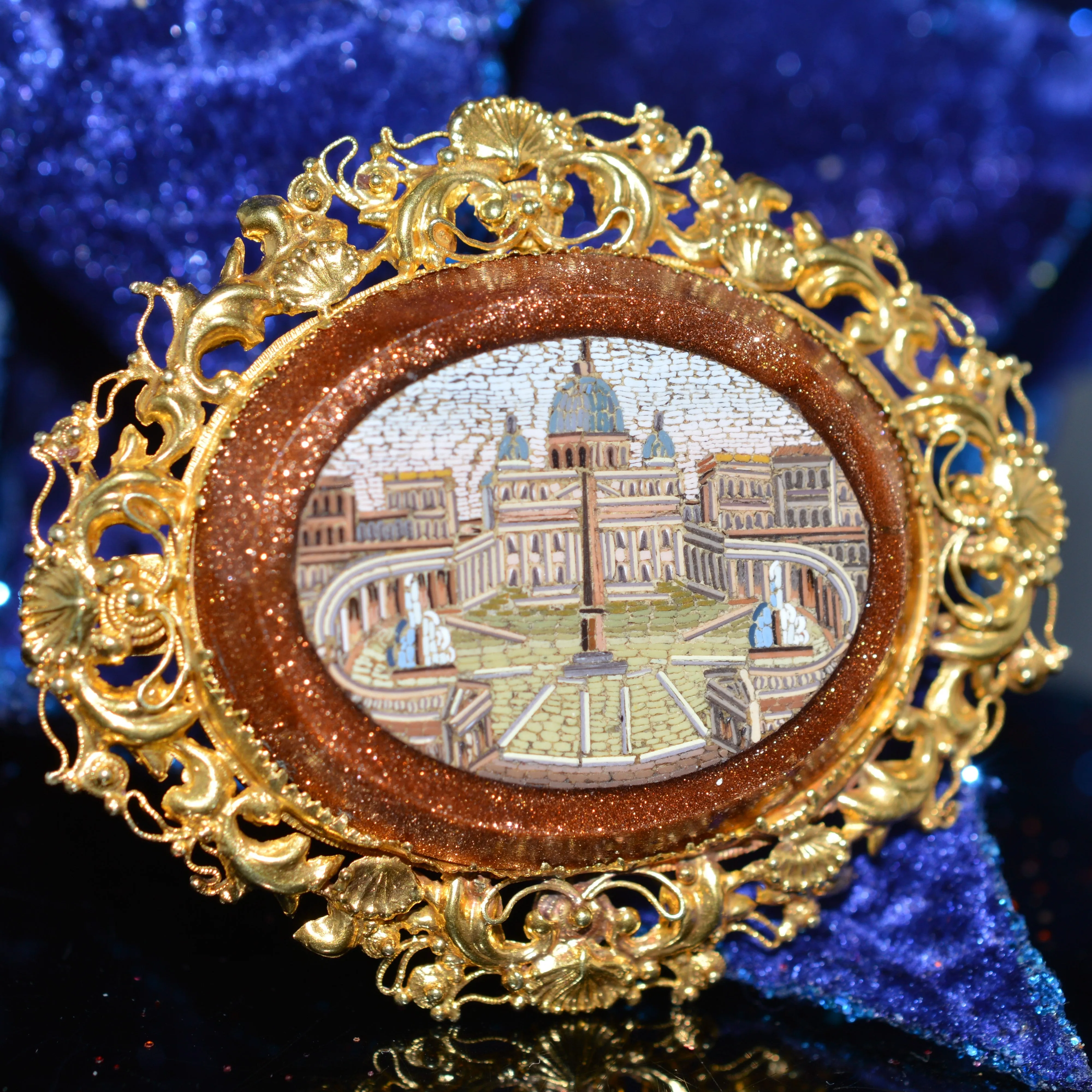 15K Yellow Gold Antique Grand Tour Micro Mosaic Brooch Of Saint Peters Square