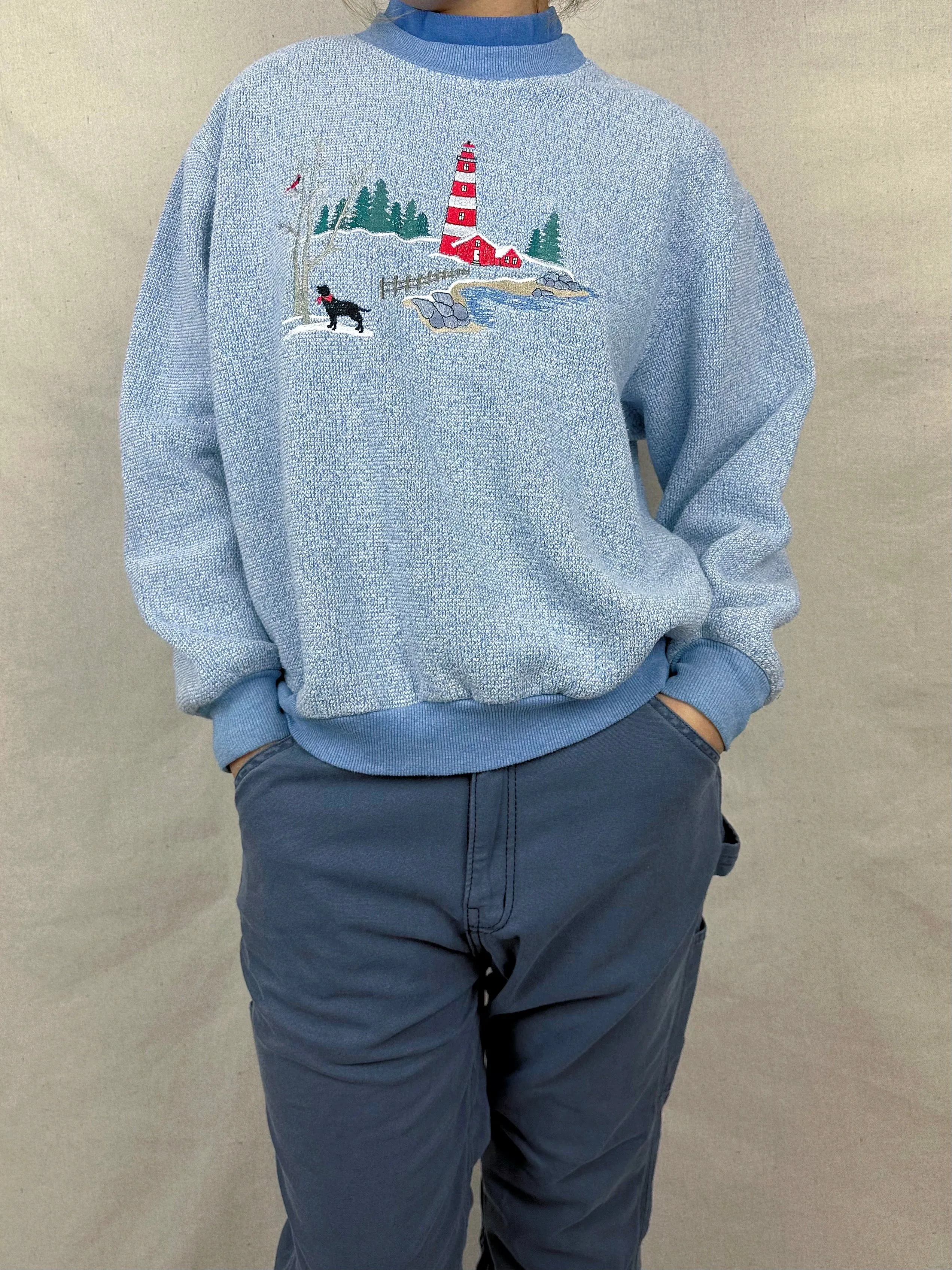 90's Lighthouse USA Made Embroidered Vintage High-Neck Sweatshirt Size 14