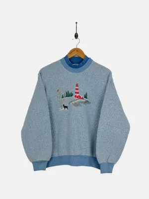 90's Lighthouse USA Made Embroidered Vintage High-Neck Sweatshirt Size 14
