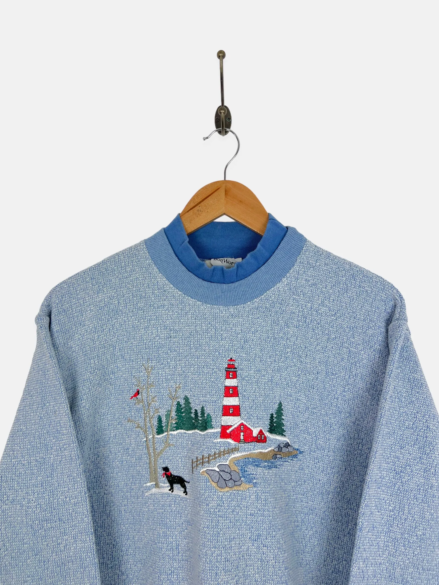 90's Lighthouse USA Made Embroidered Vintage High-Neck Sweatshirt Size 14