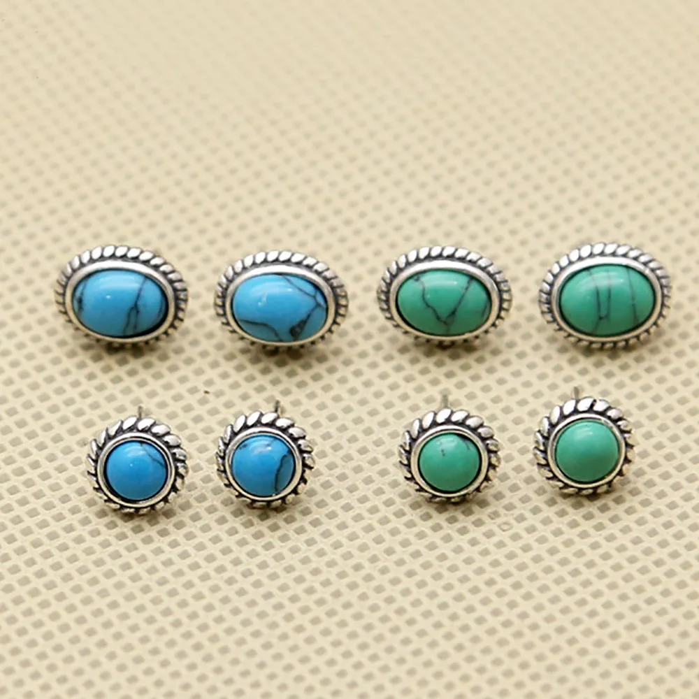 925 Sterling Silver Charm Turquoise Stud Earrings Bohemian Fashion Jewelry