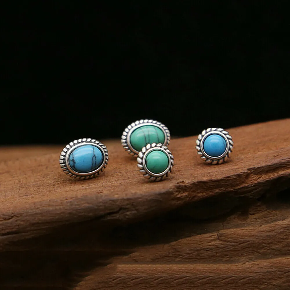 925 Sterling Silver Charm Turquoise Stud Earrings Bohemian Fashion Jewelry
