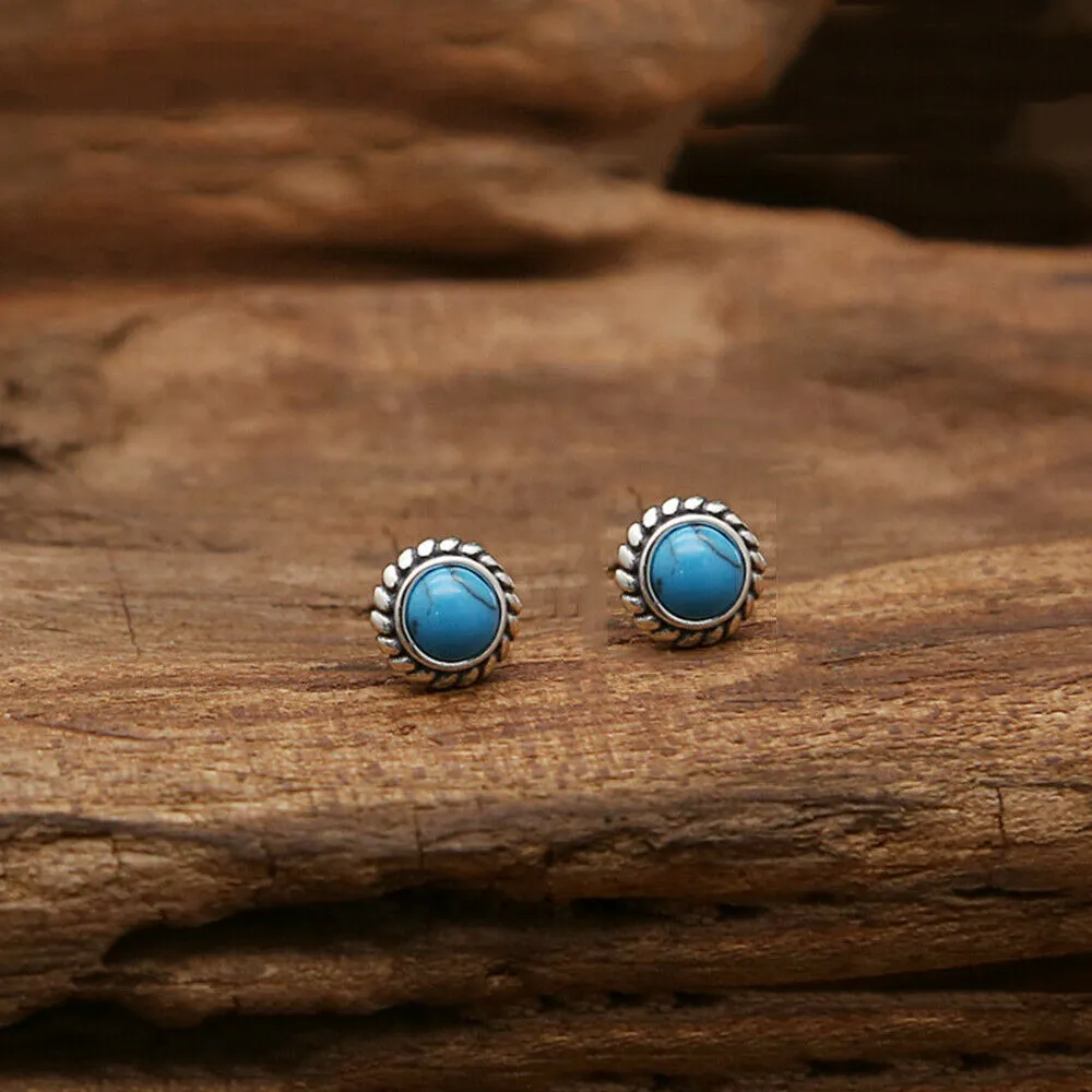 925 Sterling Silver Charm Turquoise Stud Earrings Bohemian Fashion Jewelry
