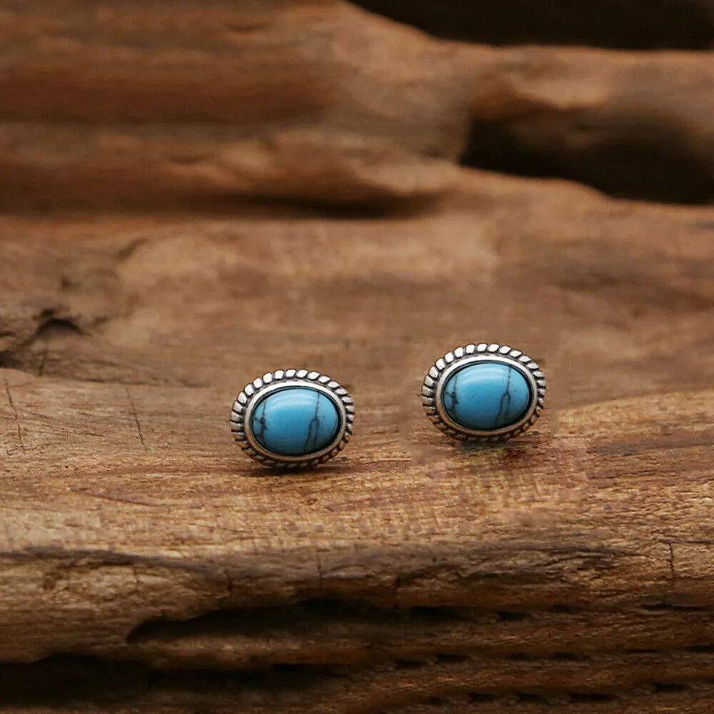925 Sterling Silver Charm Turquoise Stud Earrings Bohemian Fashion Jewelry