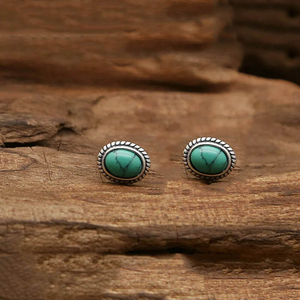 925 Sterling Silver Charm Turquoise Stud Earrings Bohemian Fashion Jewelry