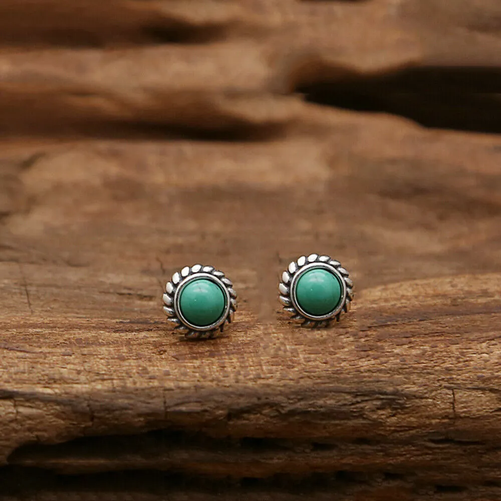 925 Sterling Silver Charm Turquoise Stud Earrings Bohemian Fashion Jewelry