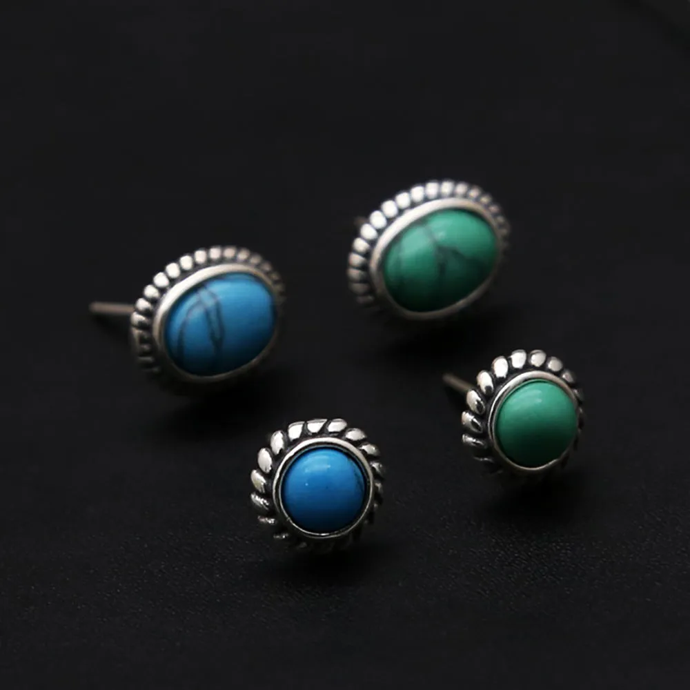 925 Sterling Silver Charm Turquoise Stud Earrings Bohemian Fashion Jewelry