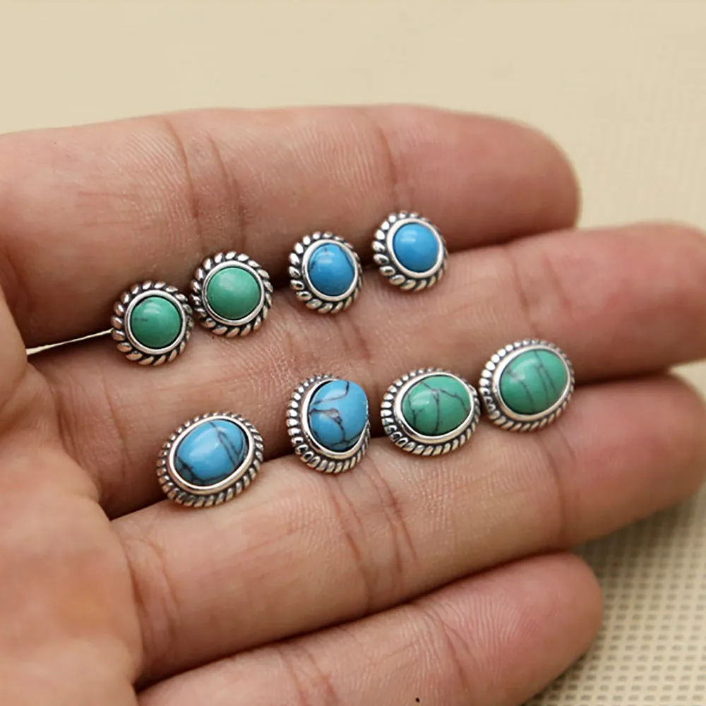 925 Sterling Silver Charm Turquoise Stud Earrings Bohemian Fashion Jewelry