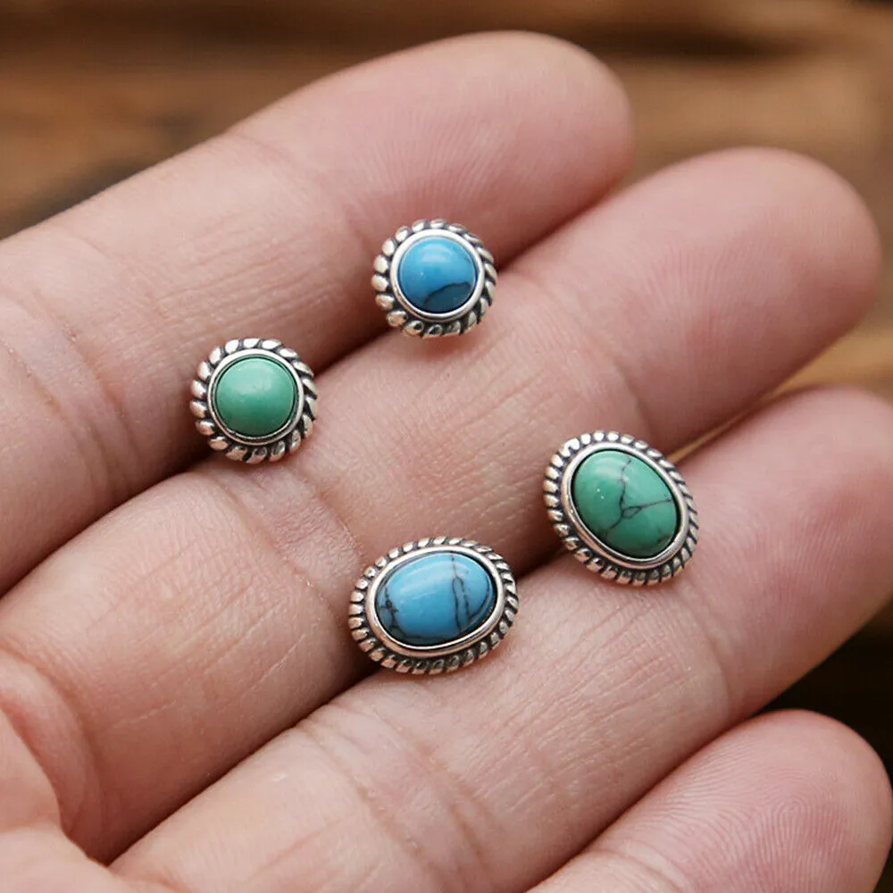 925 Sterling Silver Charm Turquoise Stud Earrings Bohemian Fashion Jewelry