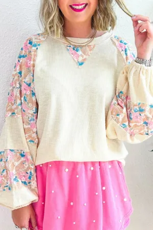 Apricot Textured Floral Patchwork Balloon Sleeve Blouse