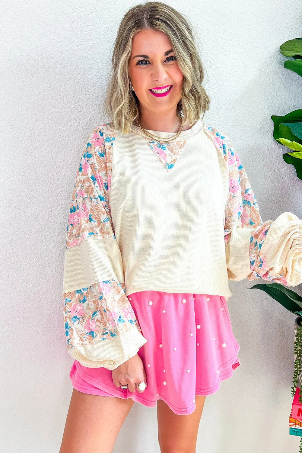 Apricot Textured Floral Patchwork Balloon Sleeve Blouse