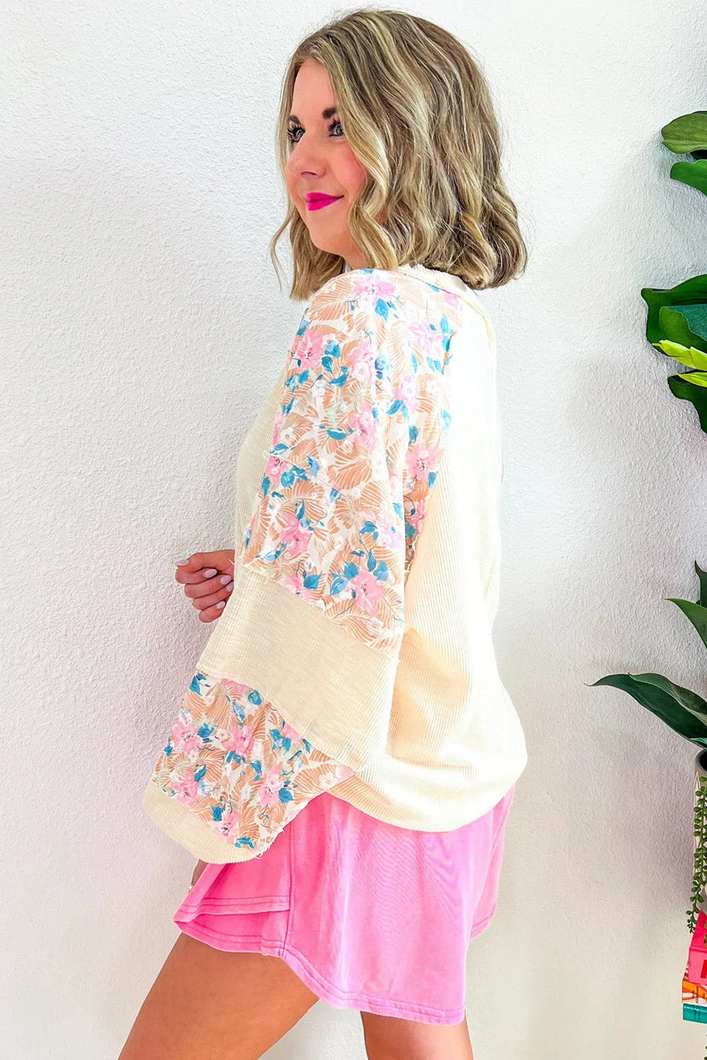 Apricot Textured Floral Patchwork Balloon Sleeve Blouse