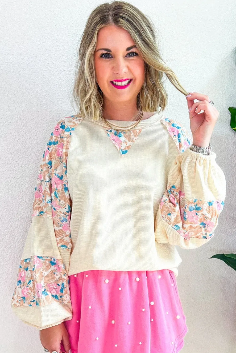 Apricot Textured Floral Patchwork Balloon Sleeve Blouse