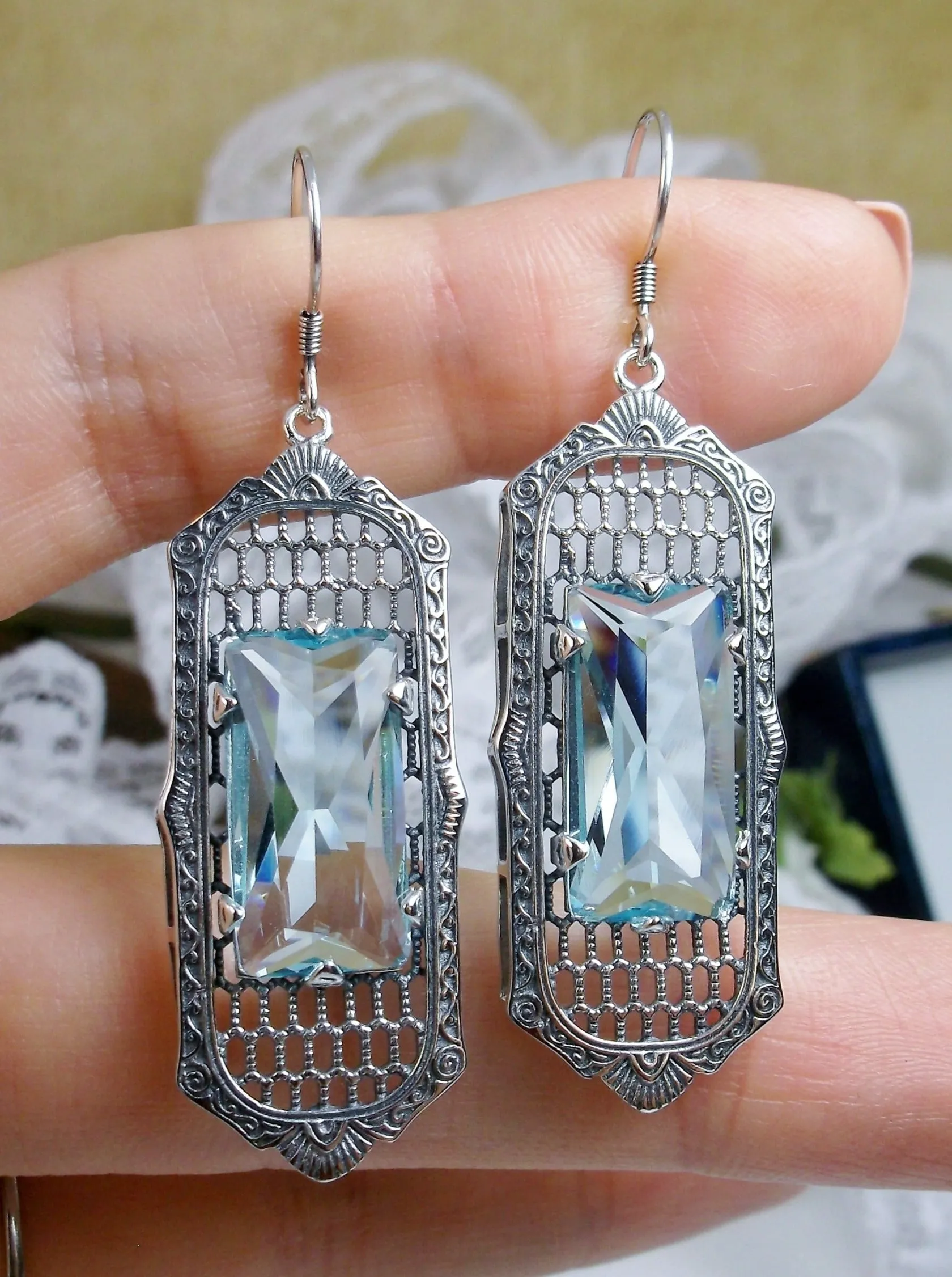 Aquamarine Earrings, Baguette Gem, 1930s Reproduction Art Deco Jewelry, Design E16