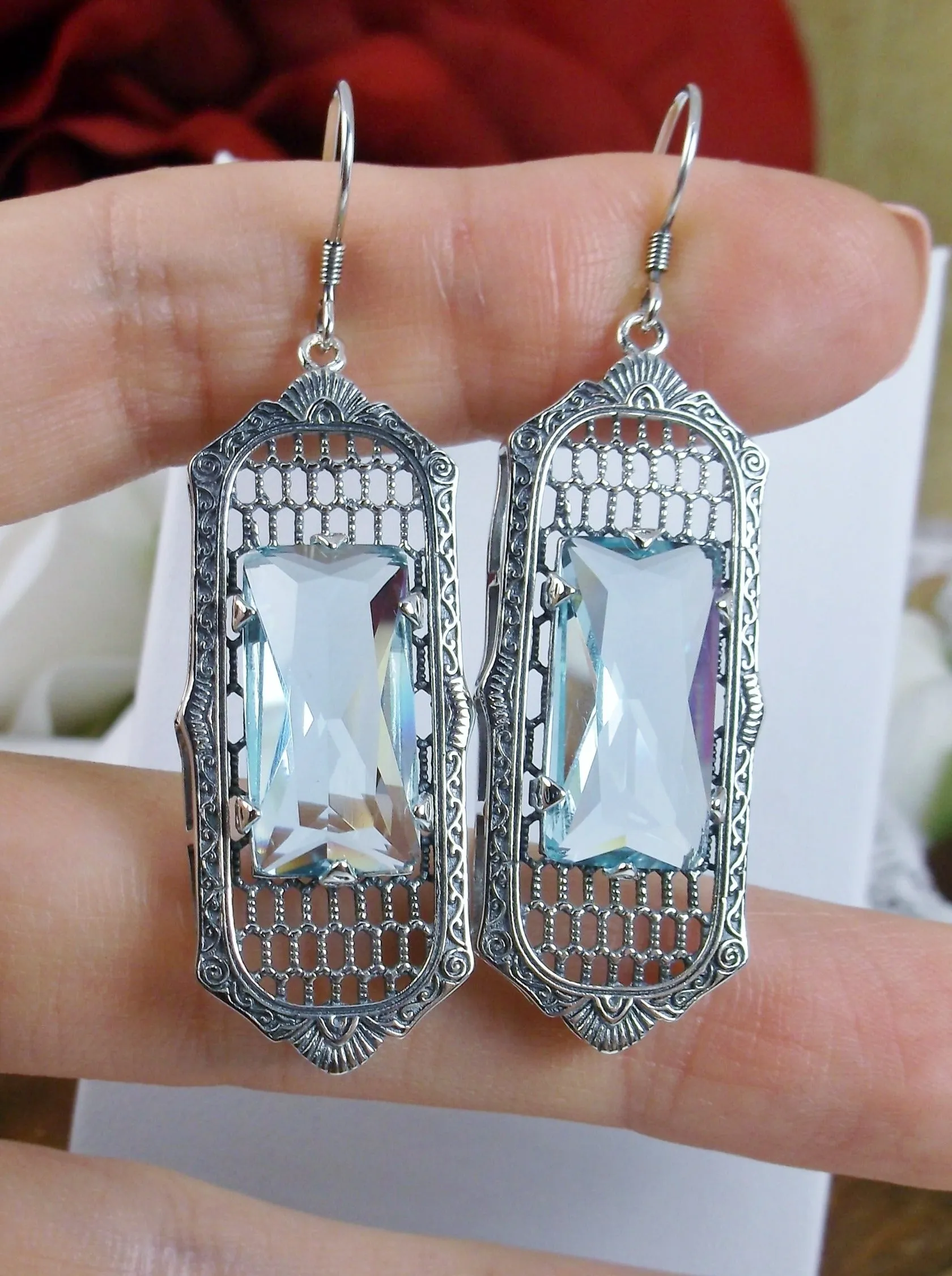Aquamarine Earrings, Baguette Gem, 1930s Reproduction Art Deco Jewelry, Design E16