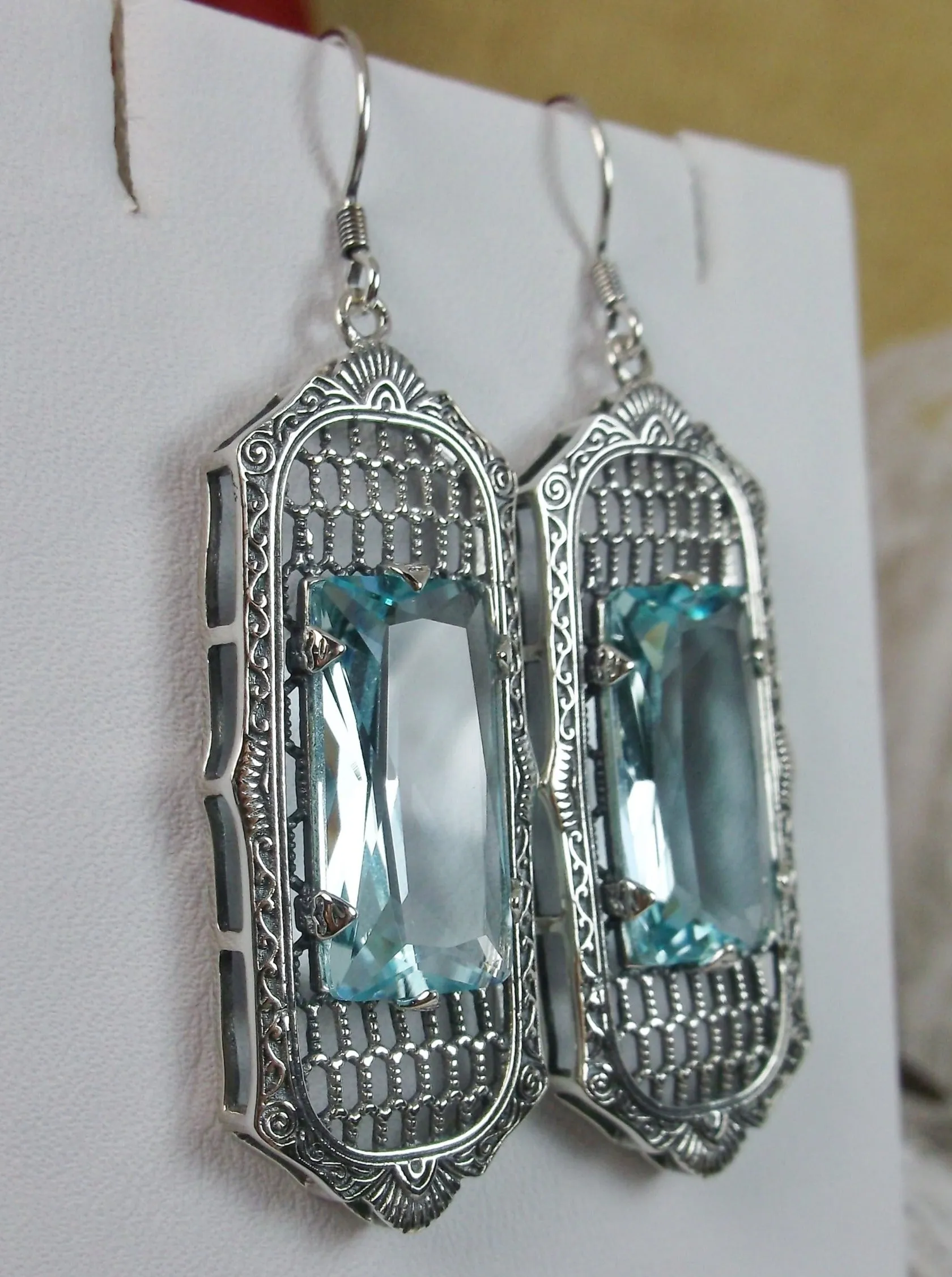 Aquamarine Earrings, Baguette Gem, 1930s Reproduction Art Deco Jewelry, Design E16