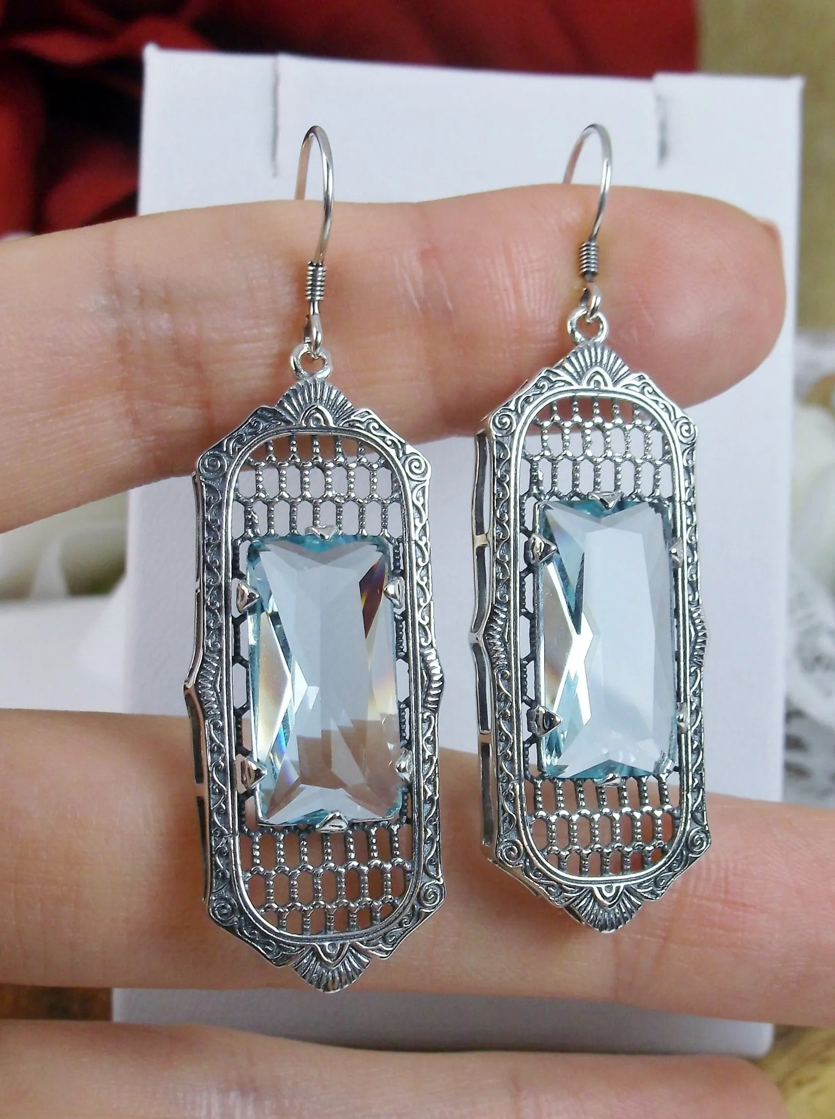 Aquamarine Earrings, Baguette Gem, 1930s Reproduction Art Deco Jewelry, Design E16