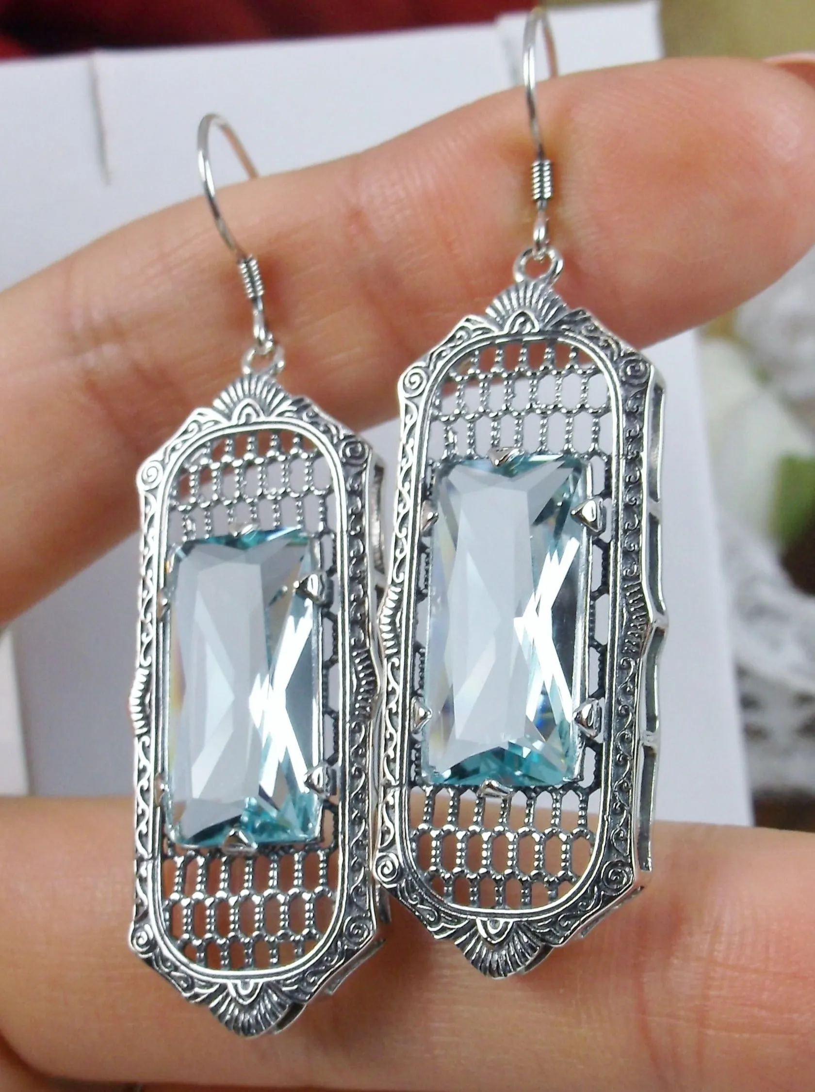 Aquamarine Earrings, Baguette Gem, 1930s Reproduction Art Deco Jewelry, Design E16