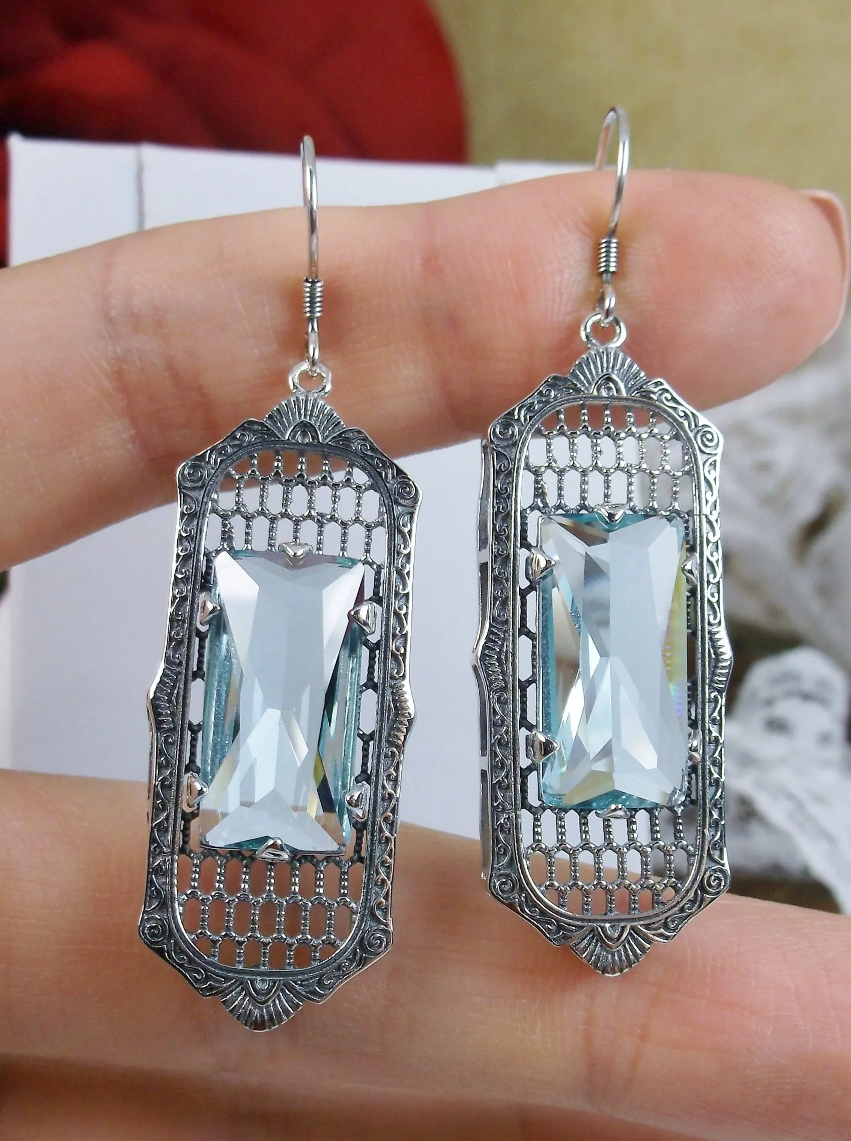 Aquamarine Earrings, Baguette Gem, 1930s Reproduction Art Deco Jewelry, Design E16