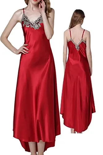 Asherbaby Women's Nightdress Satin Nightgowns Long Chemise Sleepwear Red XXL