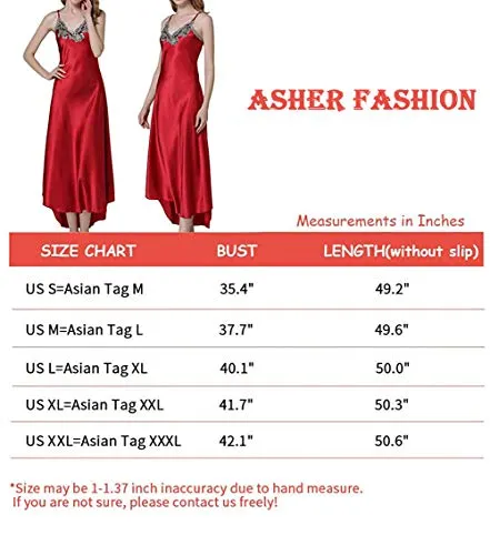 Asherbaby Women's Nightdress Satin Nightgowns Long Chemise Sleepwear Red XXL