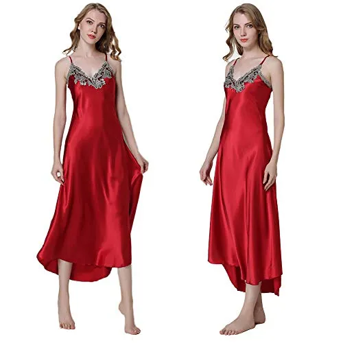 Asherbaby Women's Nightdress Satin Nightgowns Long Chemise Sleepwear Red XXL