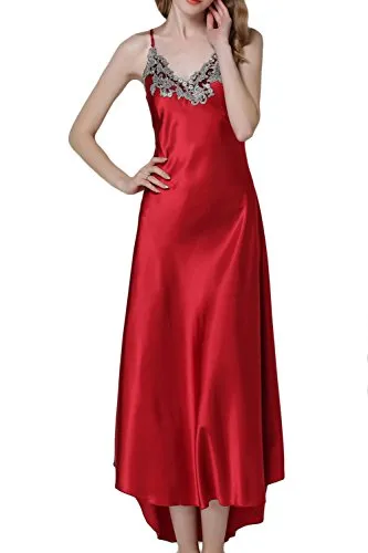Asherbaby Women's Nightdress Satin Nightgowns Long Chemise Sleepwear Red XXL