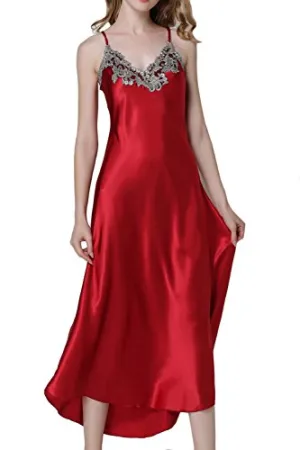 Asherbaby Women's Nightdress Satin Nightgowns Long Chemise Sleepwear Red XXL