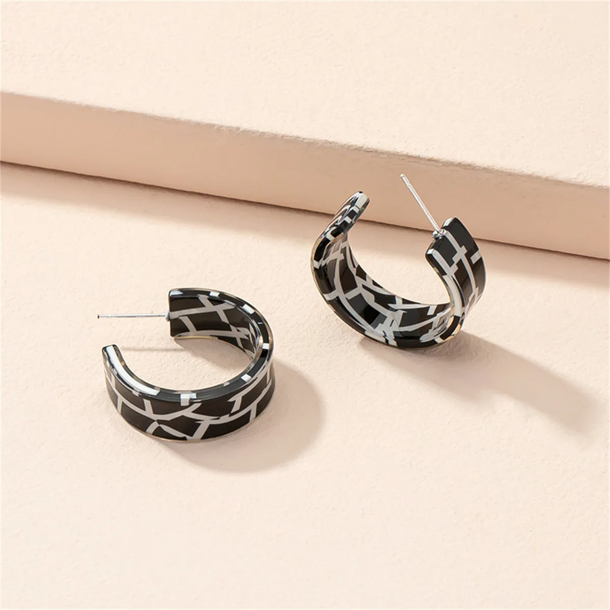 Black Acrylic & Silver-Plated Mosaic Huggie Earring
