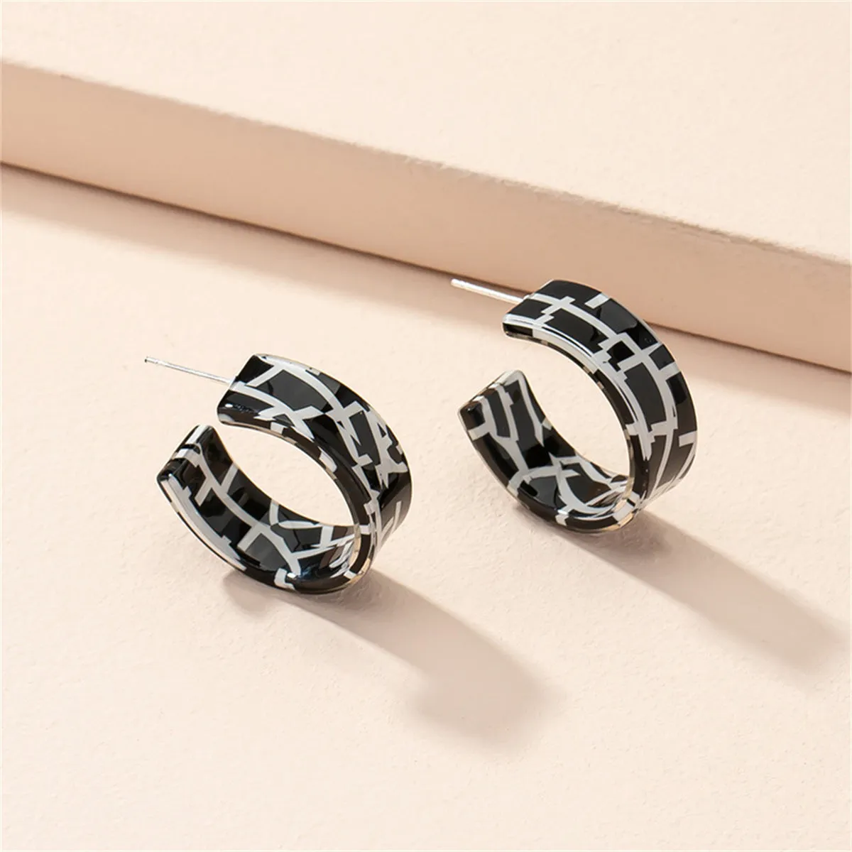 Black Acrylic & Silver-Plated Mosaic Huggie Earring