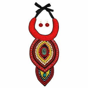 Black and Red Beaded Bib Necklace Set