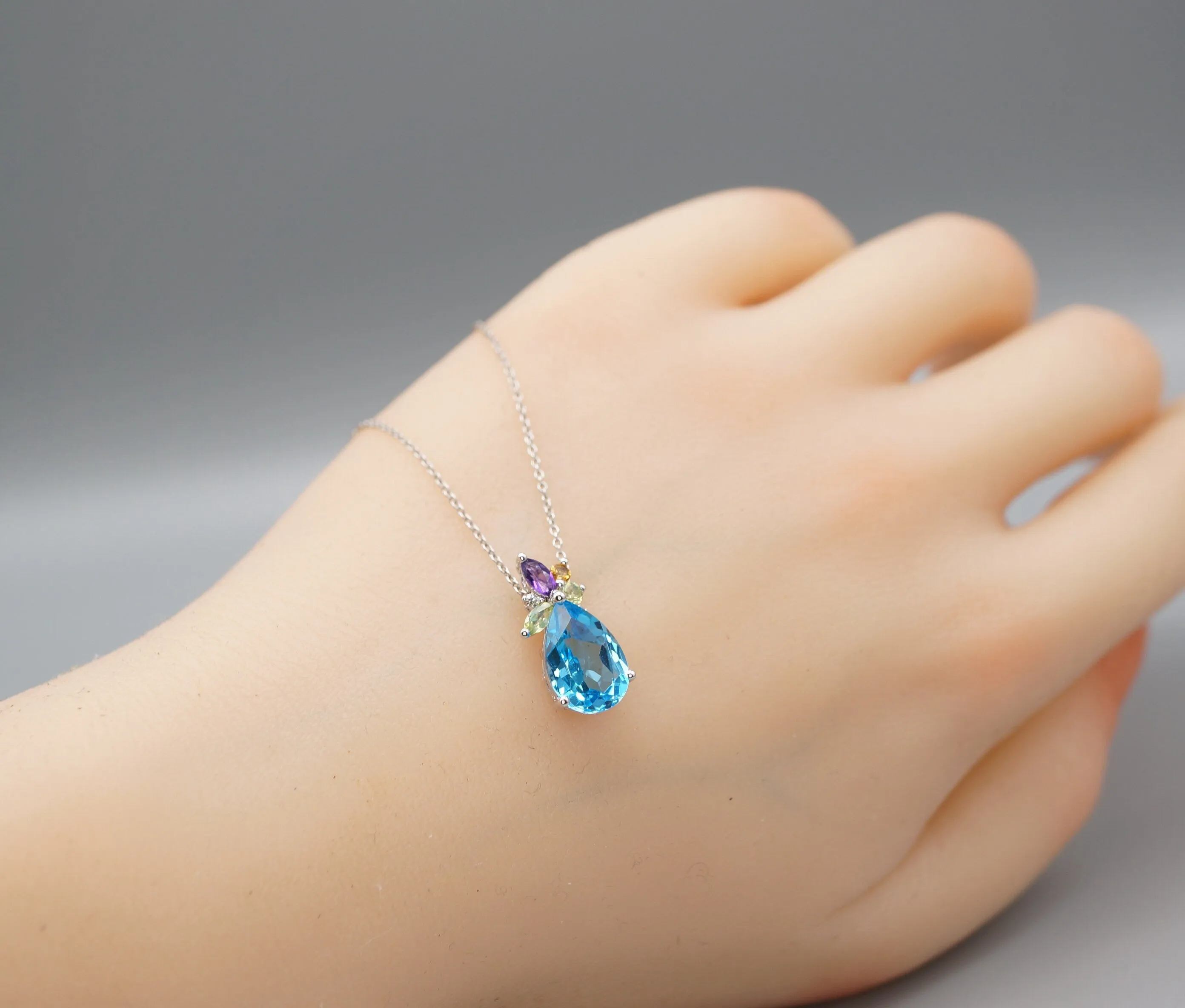 Blue Topaz Necklace - Sterling Silver Teardrop Blue Topaz Pendant -  Amethyst Citrine Peridot Jewelry