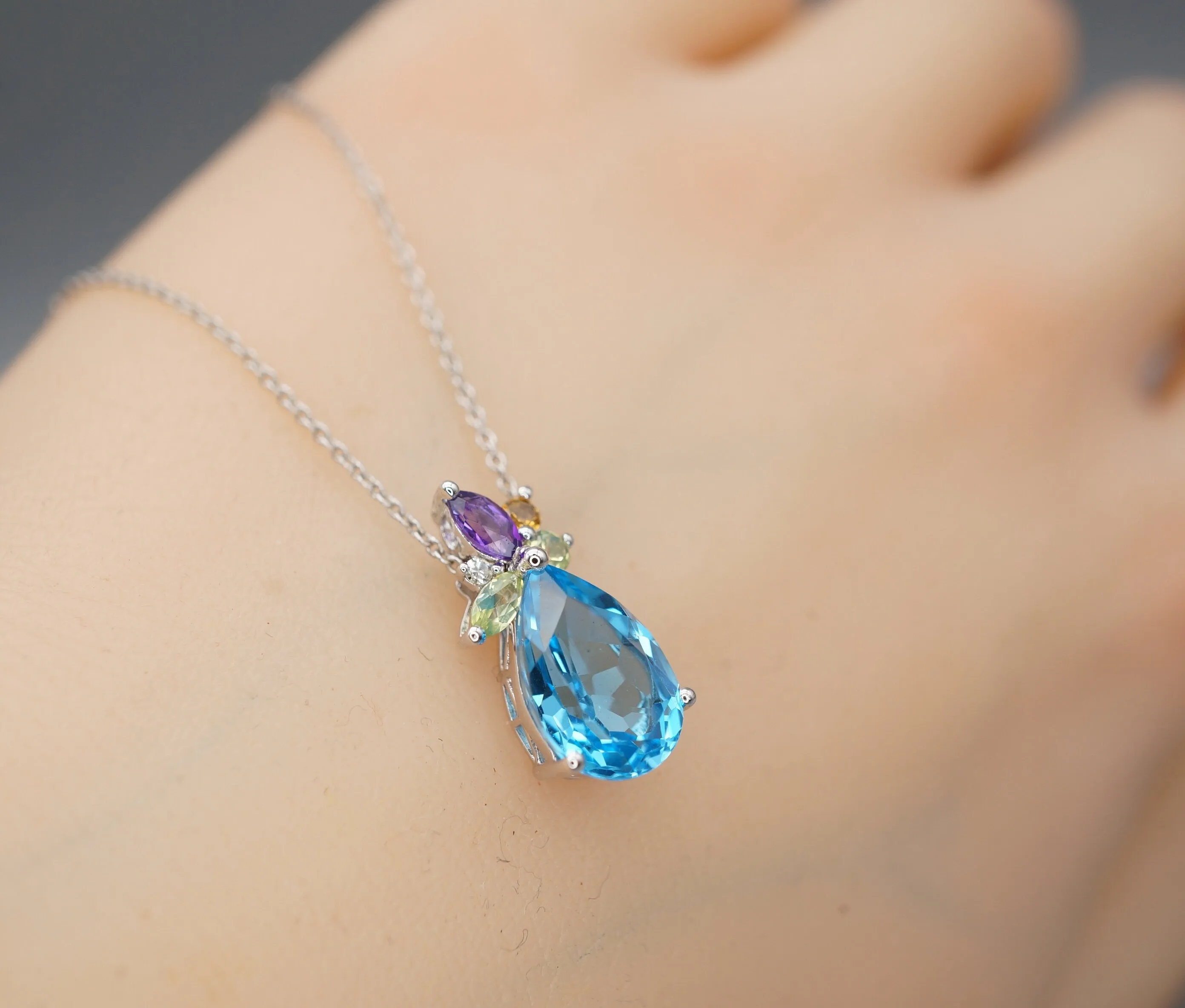 Blue Topaz Necklace - Sterling Silver Teardrop Blue Topaz Pendant -  Amethyst Citrine Peridot Jewelry