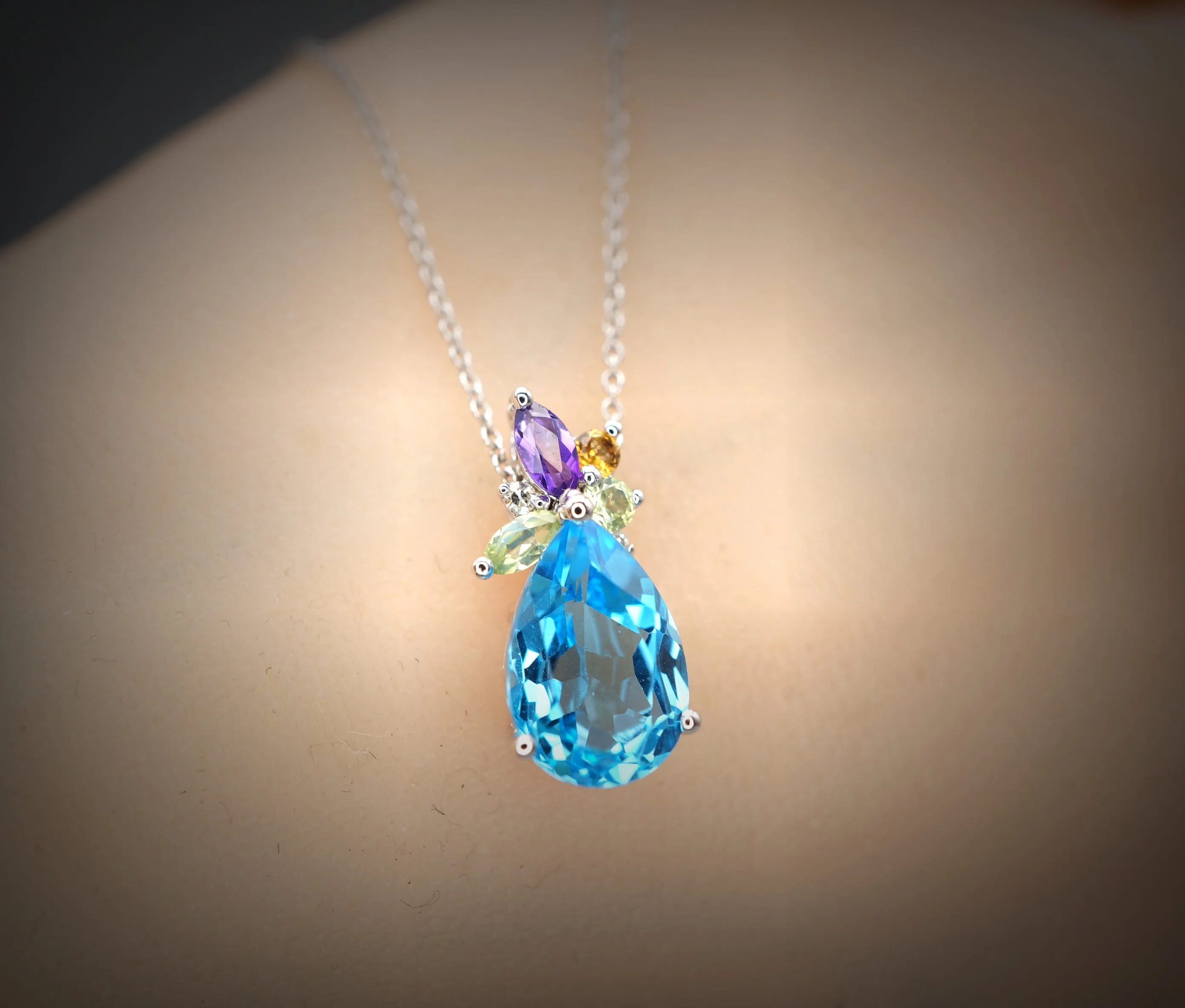 Blue Topaz Necklace - Sterling Silver Teardrop Blue Topaz Pendant -  Amethyst Citrine Peridot Jewelry