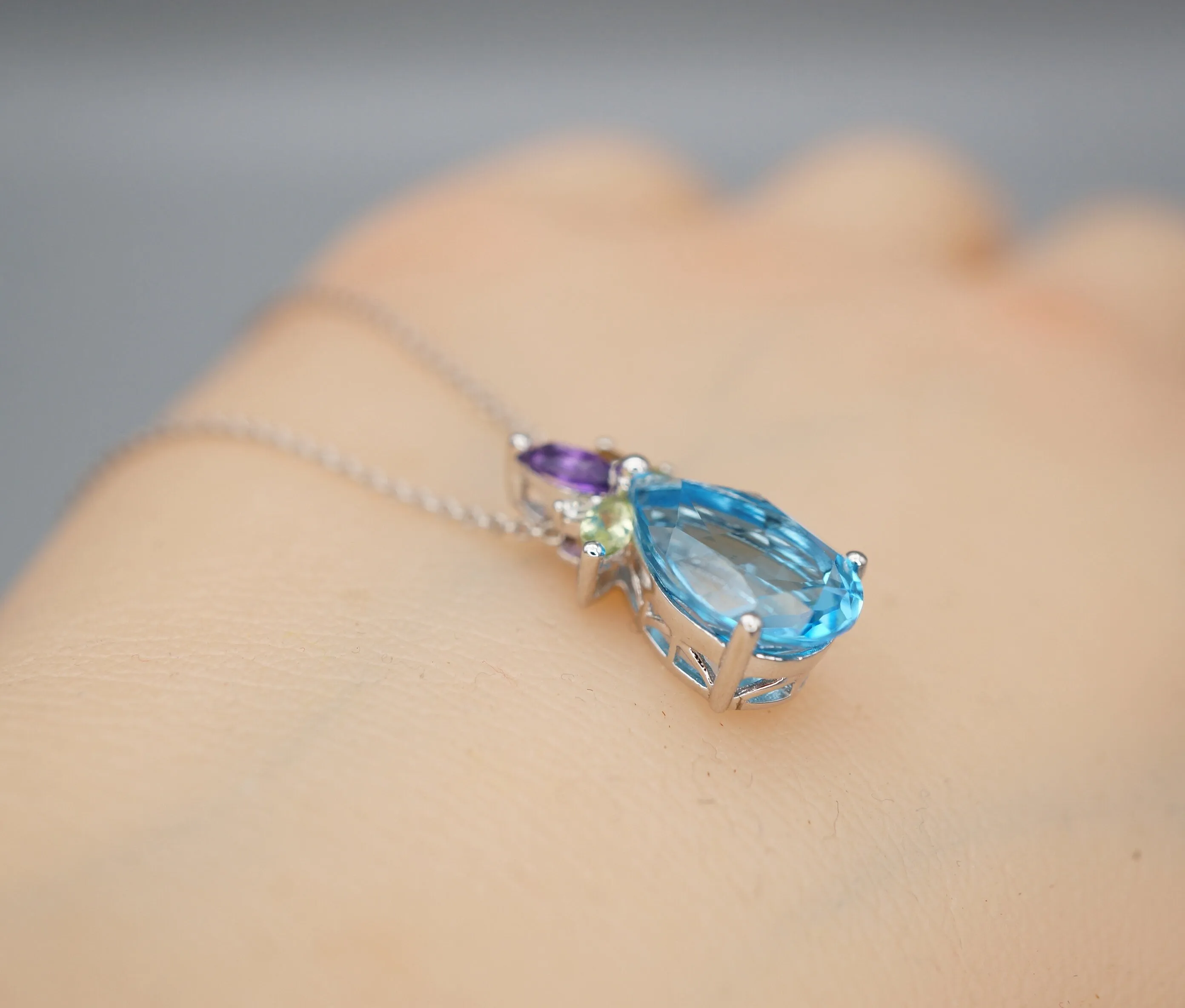 Blue Topaz Necklace - Sterling Silver Teardrop Blue Topaz Pendant -  Amethyst Citrine Peridot Jewelry