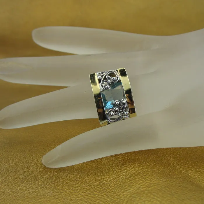 Blue Topaz Z Ring 9k Yellow Gold 925 Silver  4.5,5,5.5 Handmade Hadar Designers  (S)y