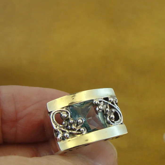 Blue Topaz Z Ring 9k Yellow Gold 925 Silver  4.5,5,5.5 Handmade Hadar Designers  (S)y
