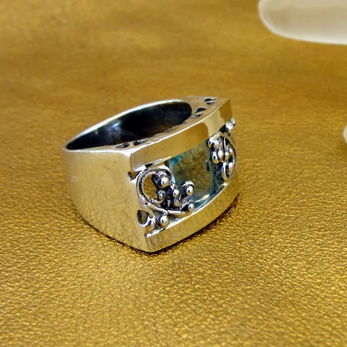 Blue Topaz Z Ring 9k Yellow Gold 925 Silver  4.5,5,5.5 Handmade Hadar Designers  (S)y