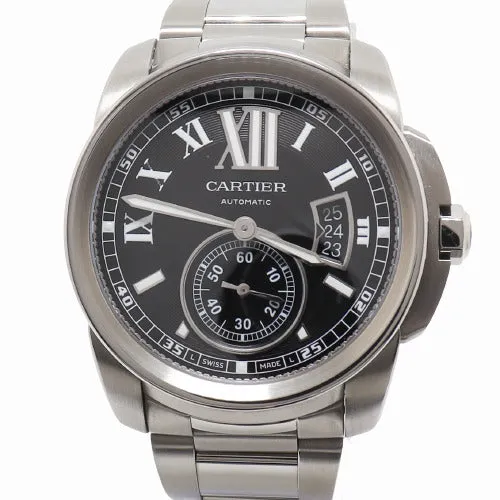 Cartier Mens Calibre Stainless Steel 42mm Black Roman Dial Watch Reference# W7100015
