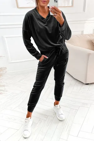 Casual Solid Frenulum V Neck Long Sleeve Two Pieces(4 Colors)