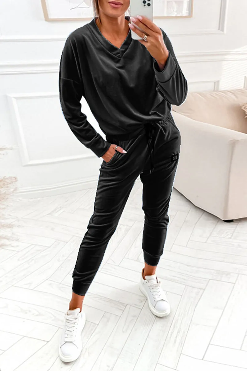 Casual Solid Frenulum V Neck Long Sleeve Two Pieces(4 Colors)