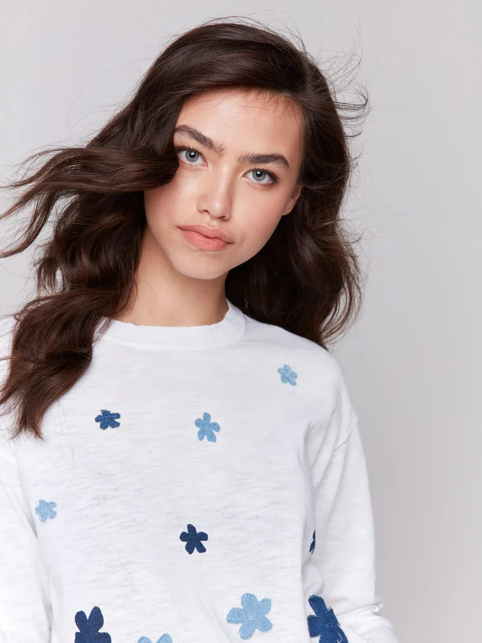 Charlie B Floral Denim Patch Cotton Sweater - Patches