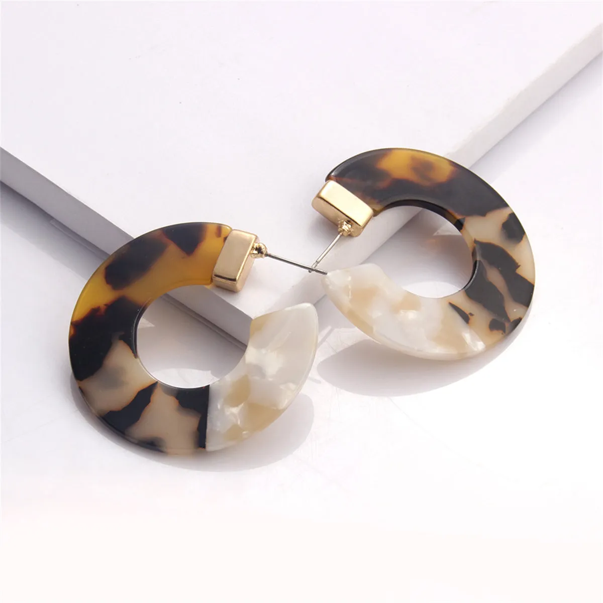 Coffee Acrylic & 18K Gold-Plated C-Shape Patchwork Drop Earrings