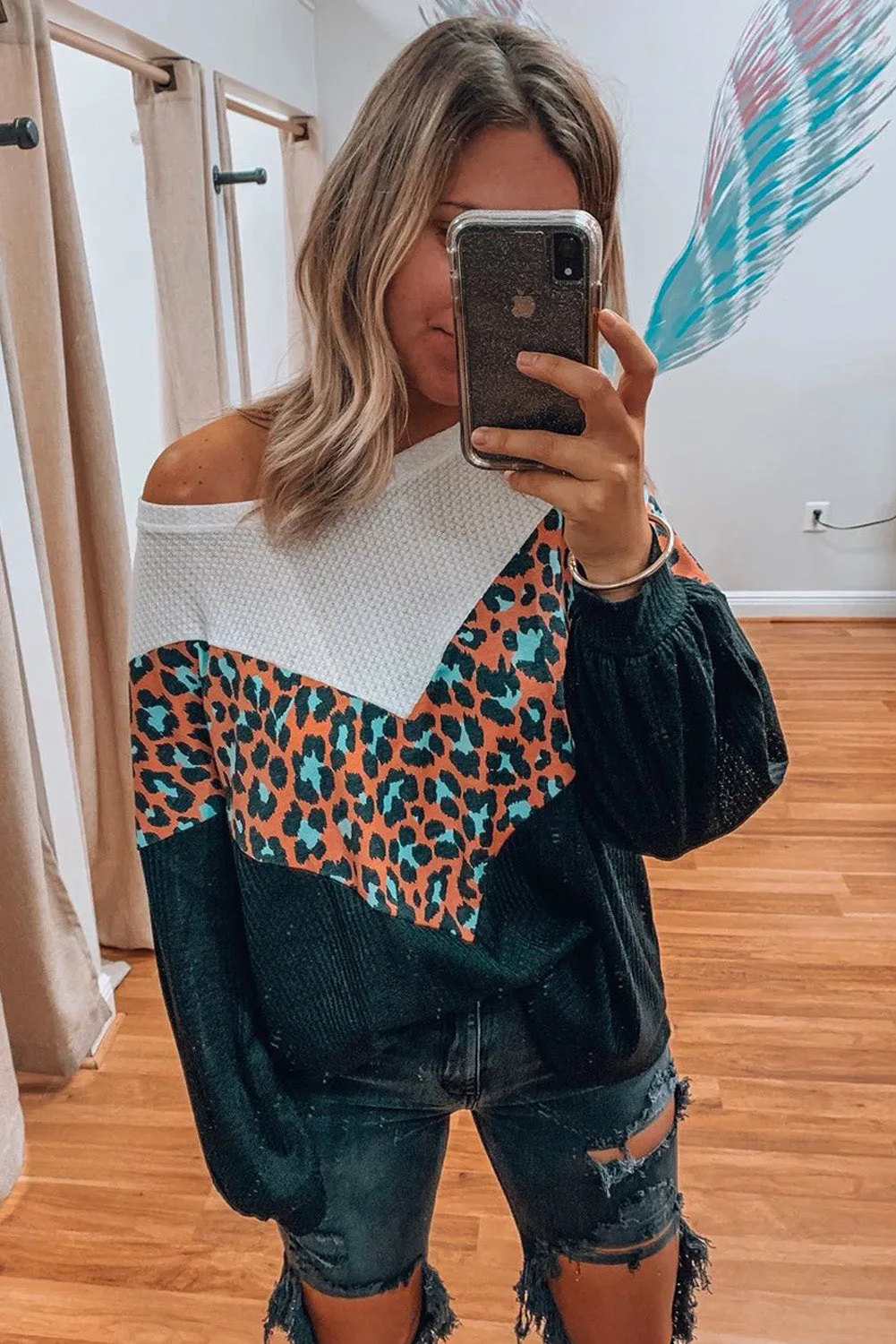 Colorblock Leopard Patchwork Knit Top
