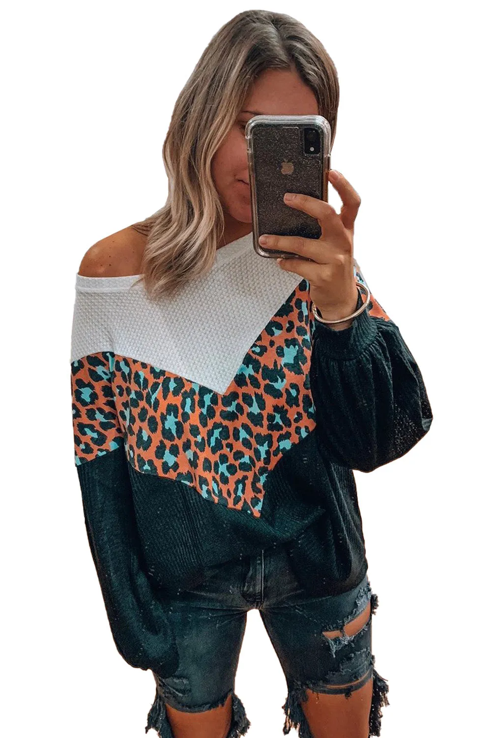 Colorblock Leopard Patchwork Knit Top