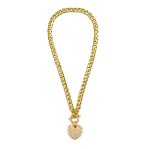 Cream Pearl Gold Heart Charm Pendant With cuban link Chain Necklace #HNN90958GDCM(LG11)